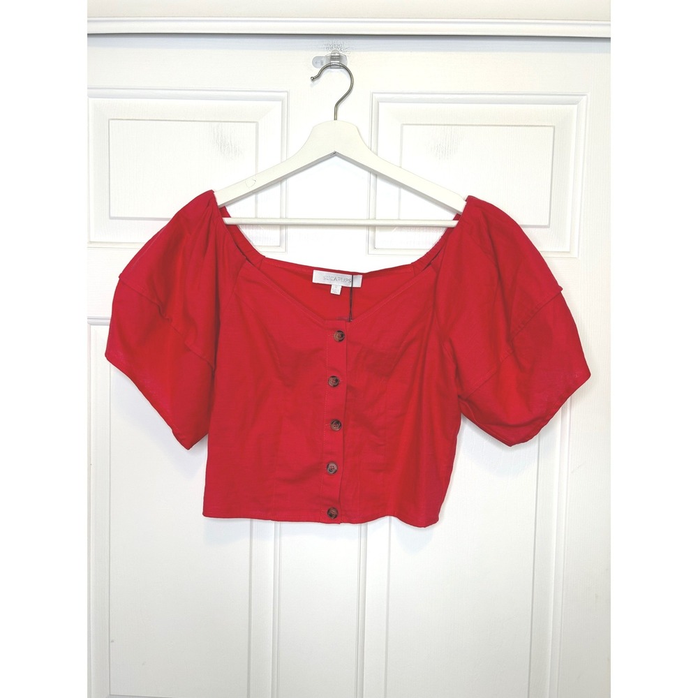 Sugarlips NWT Linen Puff Sleeve Crop Top XS Red New Button Front Sweetheart